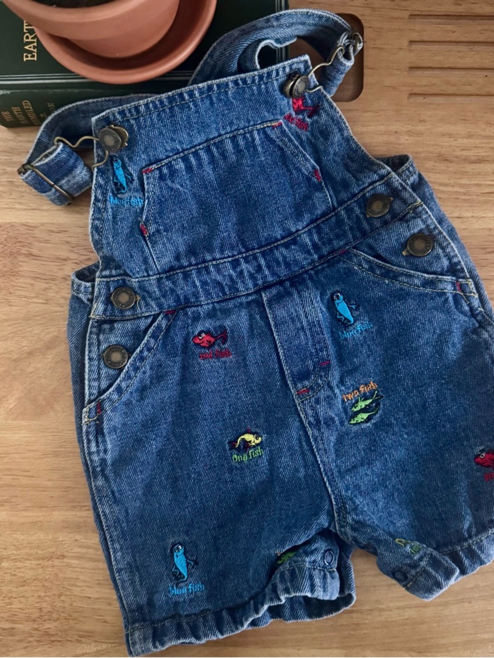Y2k Rare Dr. Seuss 1 Fish 2 Fish Embroidered Denim Shortalls 12M Hard To Find